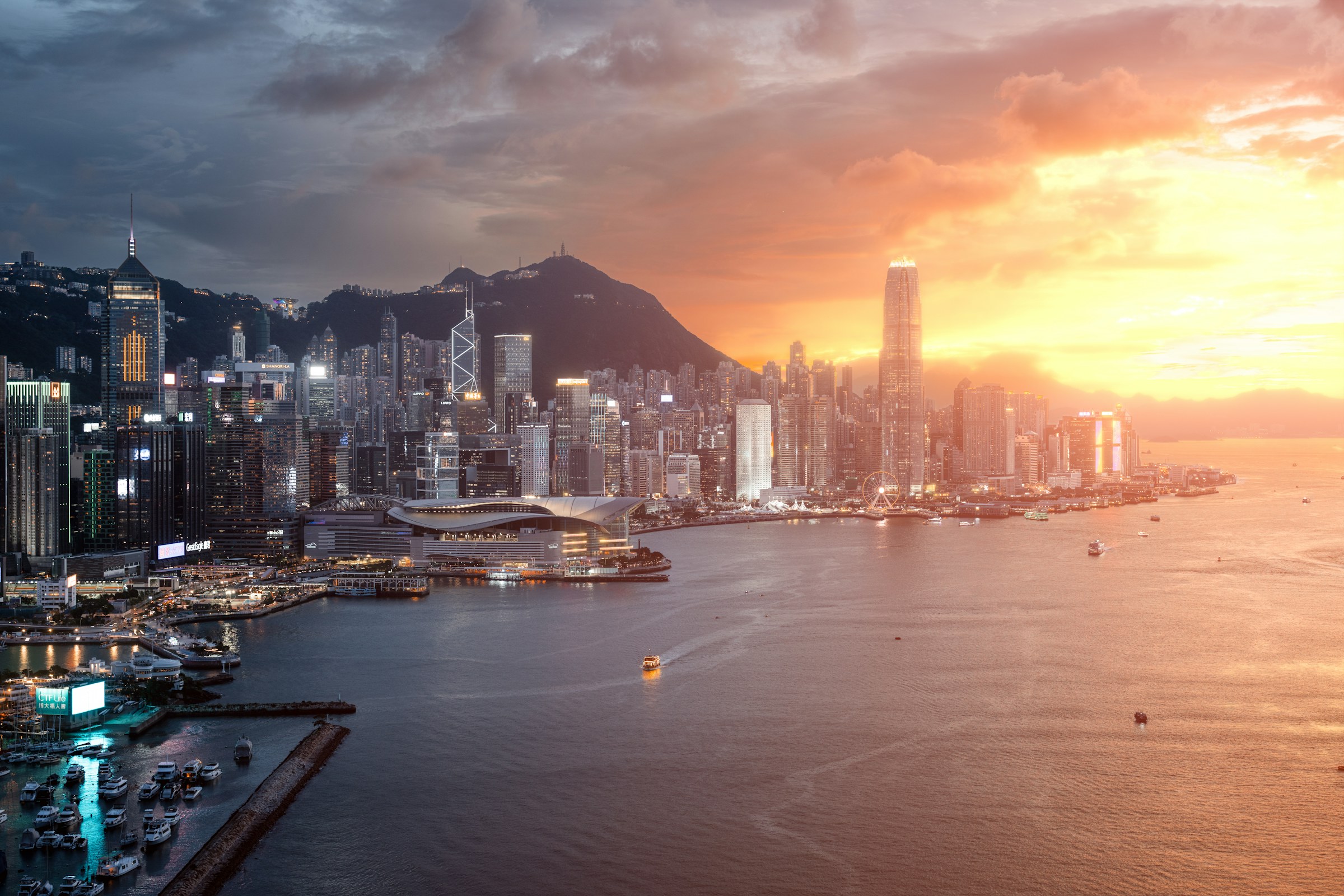 Hong Kong Central business district skyline at golden hour
